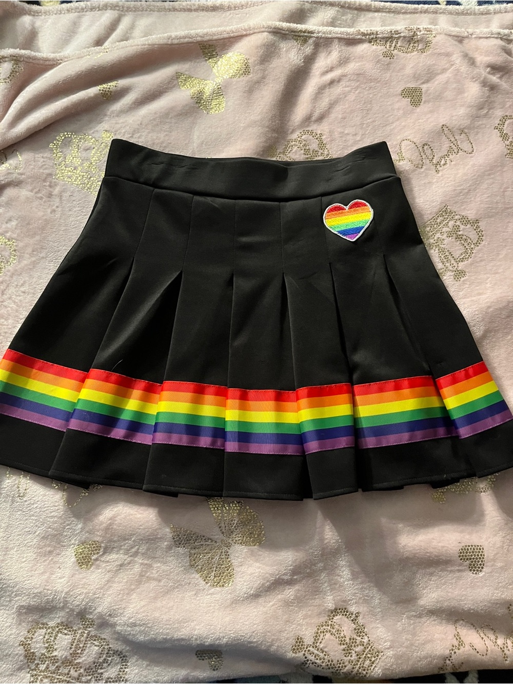 Black Pleated Pride Skirt with Rainbow Trim and Heart Patch